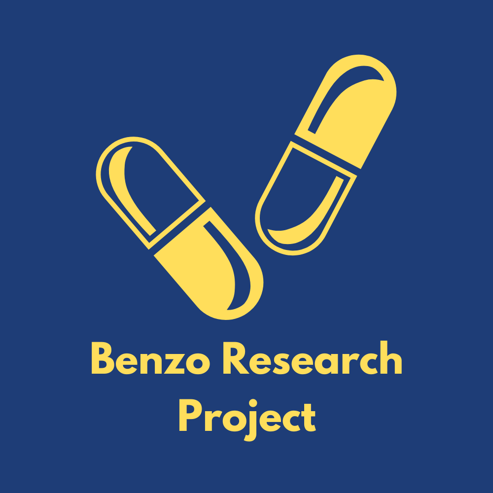 Our logo: two yellow pills above yellow text reading Benzo Research Project on a royal blue background.